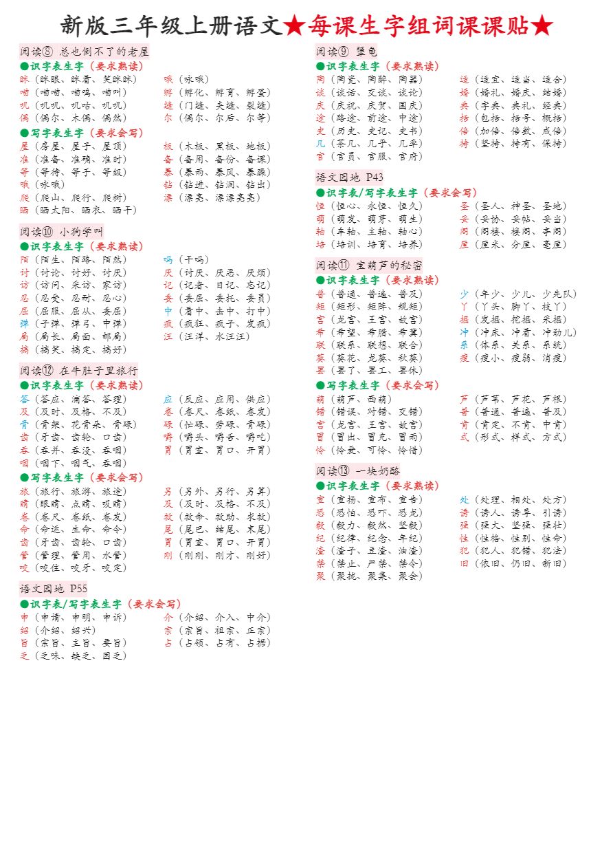 三年级上册语文_每课生字组词课课贴_无虚线框版资料预览第 2 页