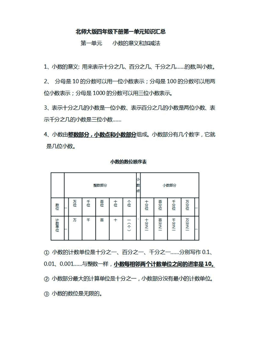 四年级下册数学北师大版知识要点汇总资料预览第 1 页