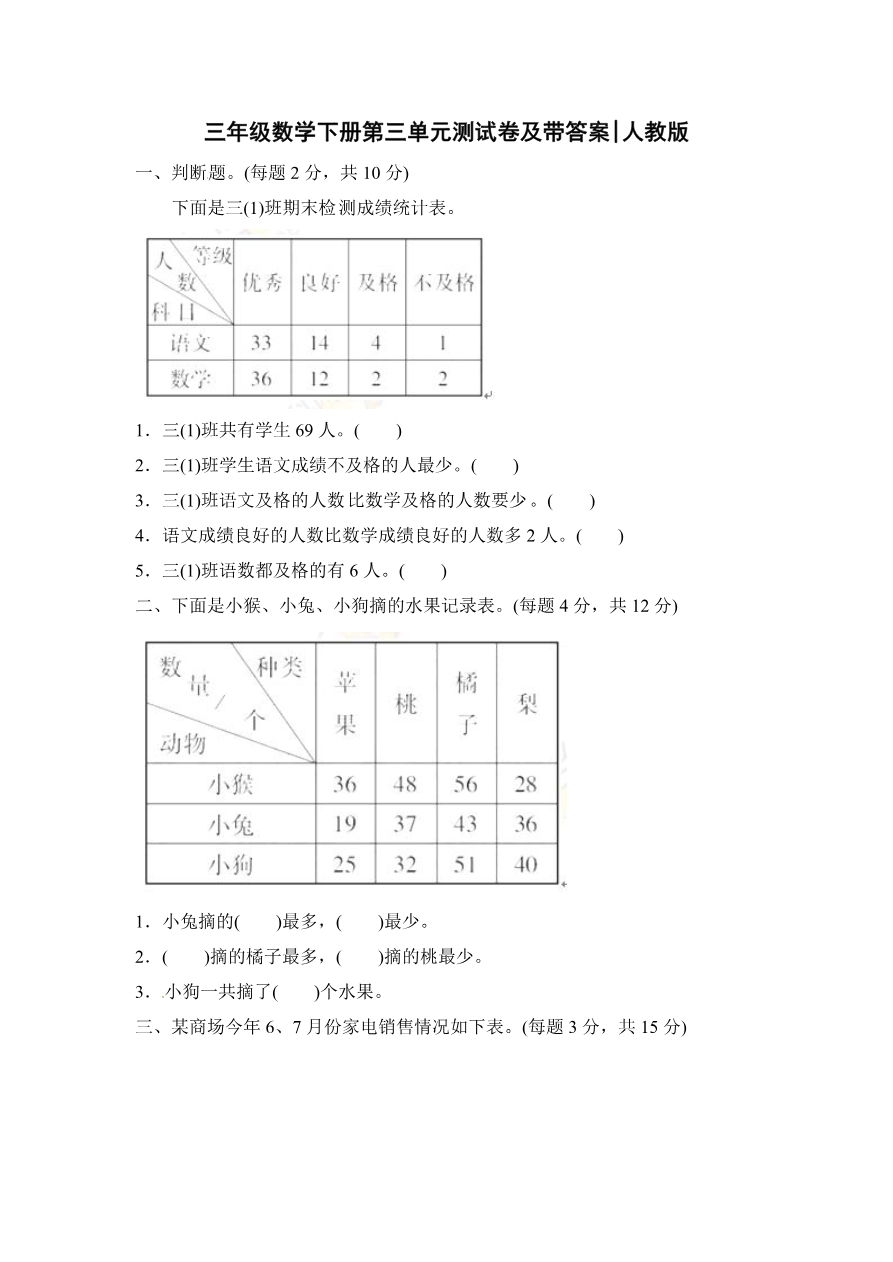 人教版三年级数学下册第三单元测试题及答案1资料预览第 1 页