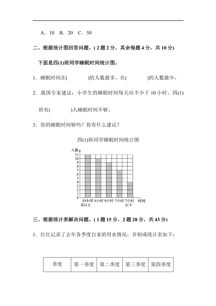 人教版四年级数学上册单元测试试卷-第7单元-条形统计图+答案-第七单元达标测试卷资料预览第 2 页