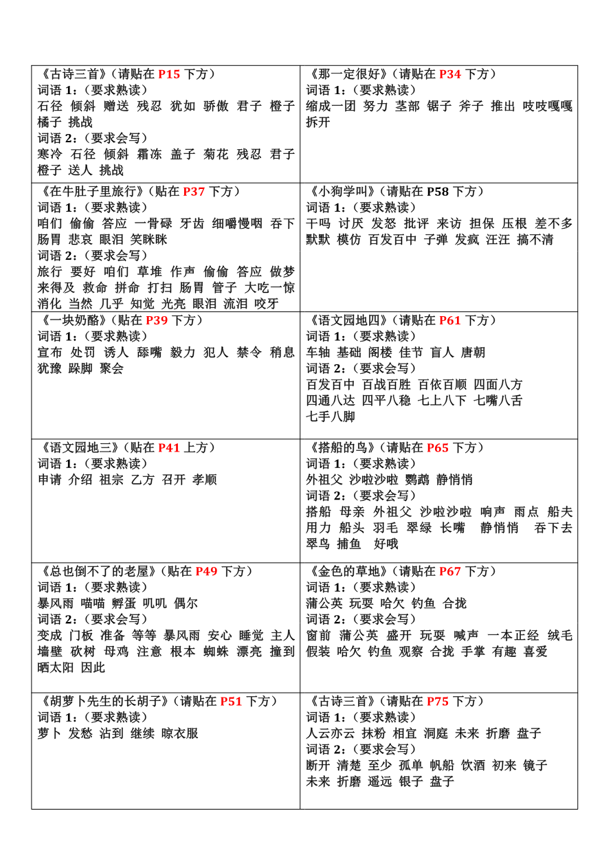 三年级上册认读词语书贴【课课贴】(4页)资料预览第 2 页