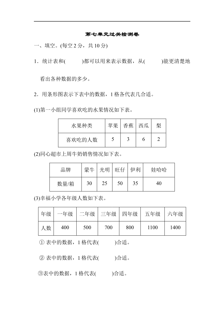 人教版四年级数学上册单元测试试卷-第7单元-条形统计图+答案-第七单元过关检测卷资料预览第 1 页