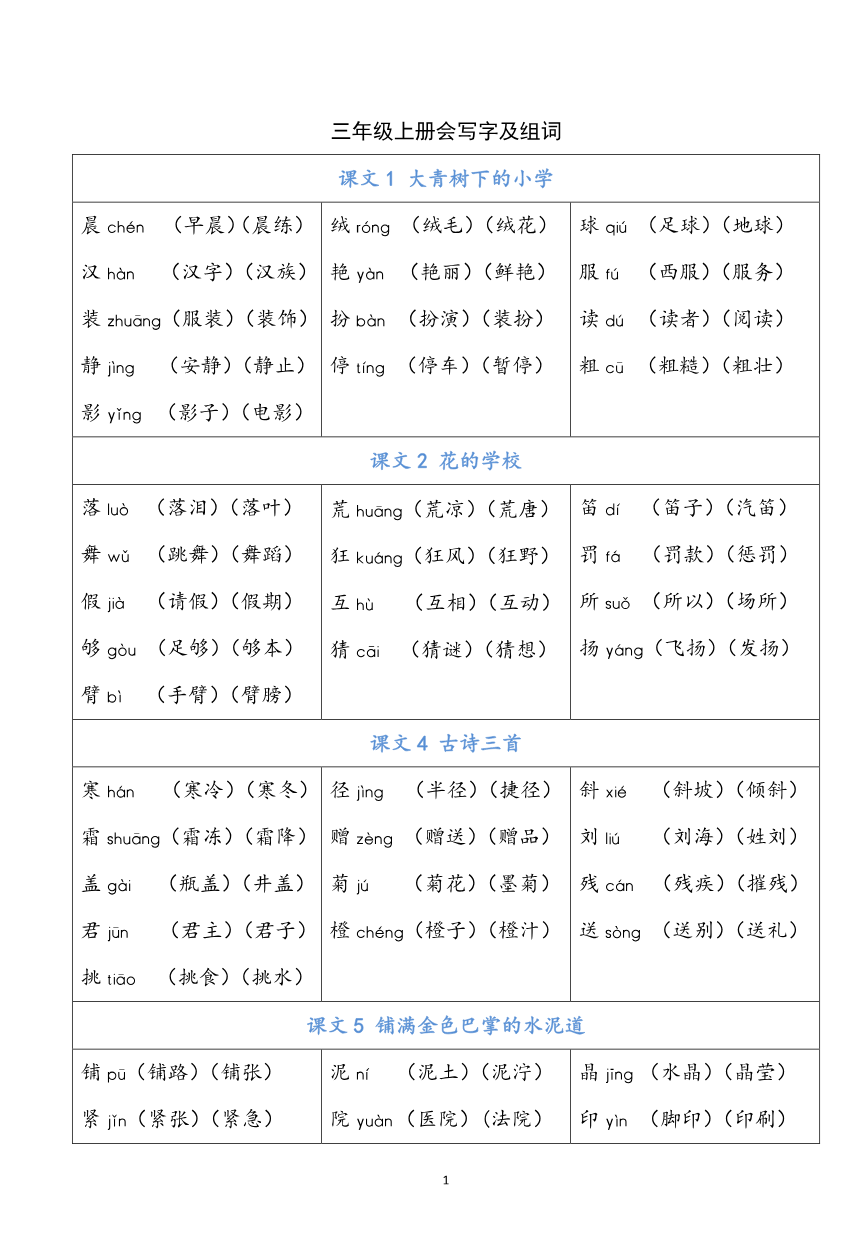 部编版三年级(上册)语文写字表生字组词资料预览第 1 页