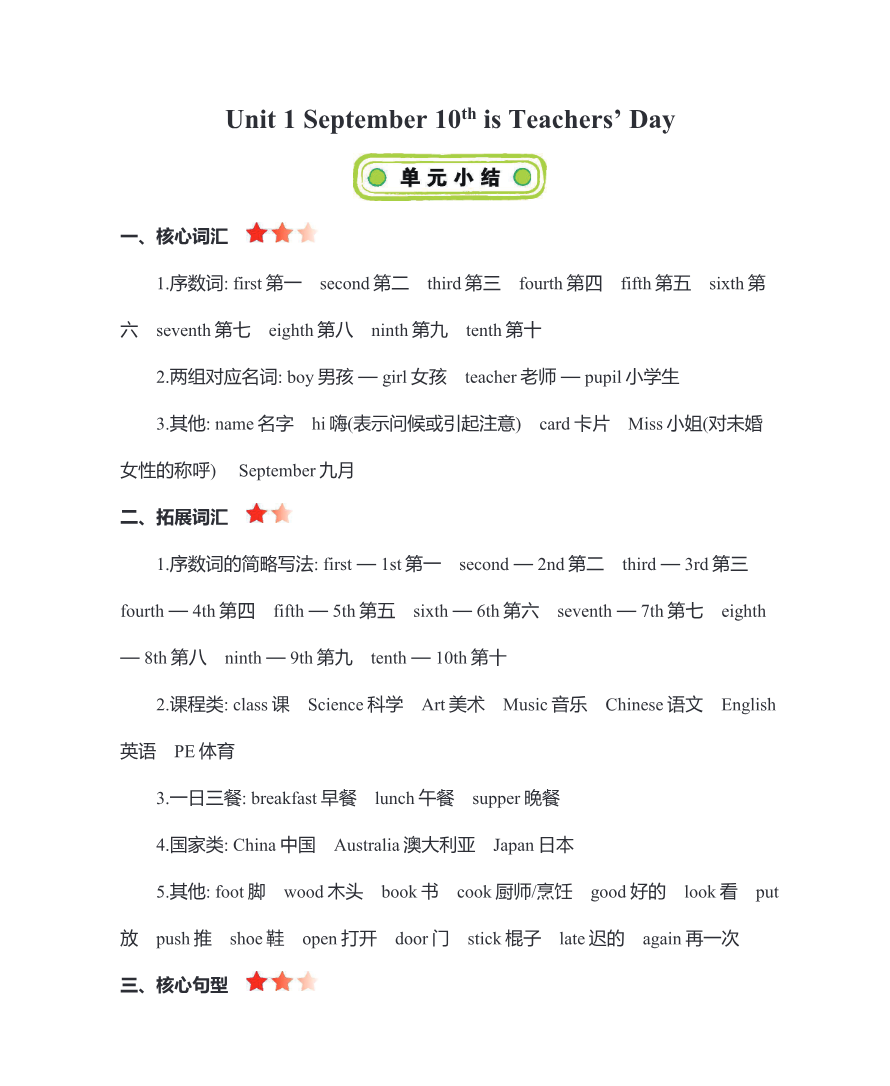 三年级上册英语北京课改版知识要点资料预览第 1 页
