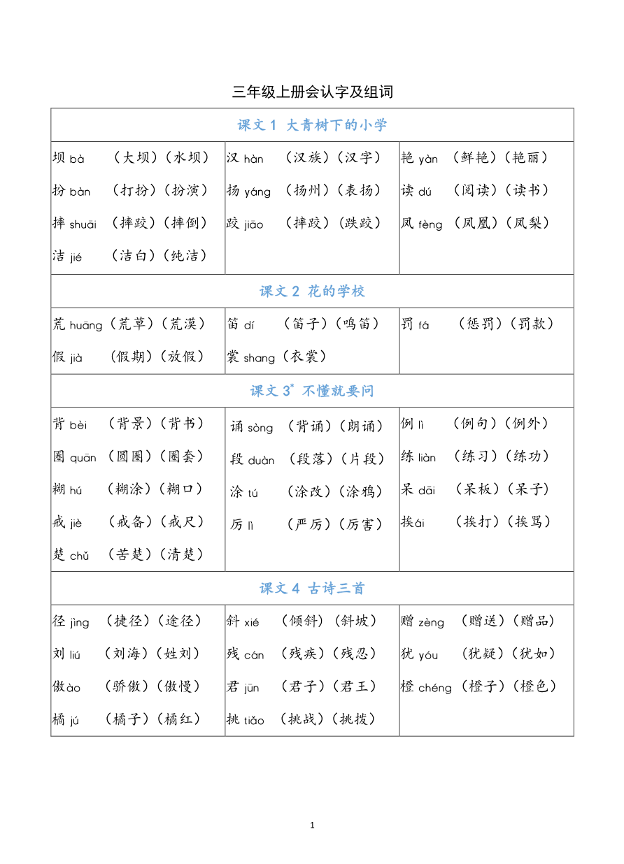 部编版三年级(上册)语文识字表生字组词资料预览第 1 页
